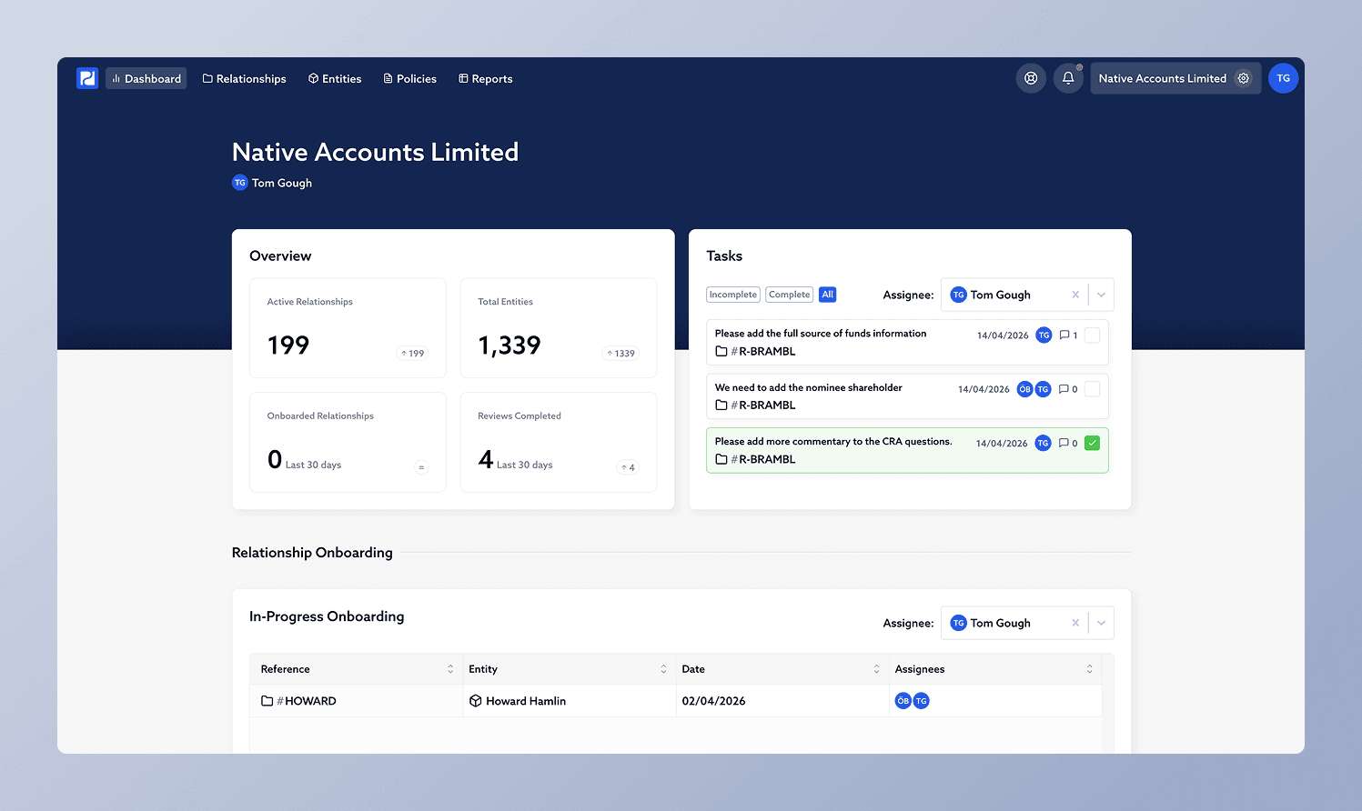 Tasks widget on dashboard page