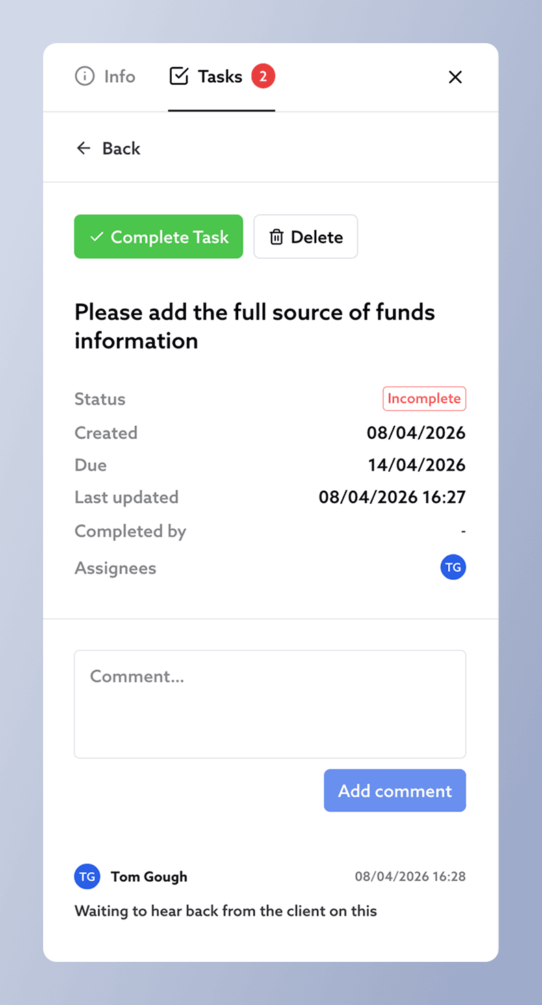 Single task view with comments section